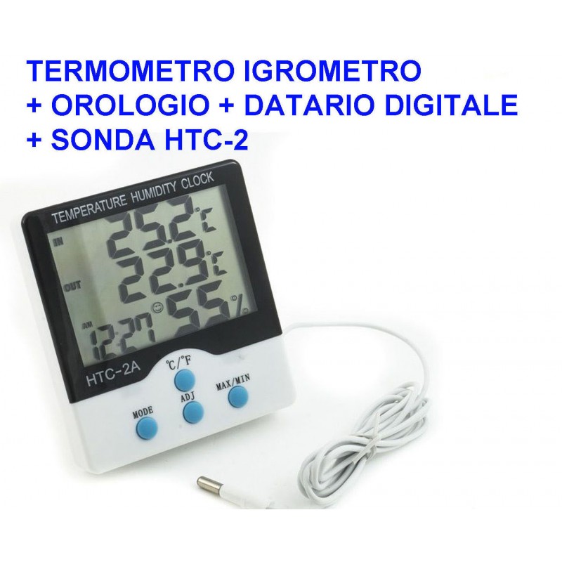 TERMOMETRO IGROMETRO DIGITALE TEMPERATURA UMIDITA' ORA DATA CASA HTC-2 CON  SONDA